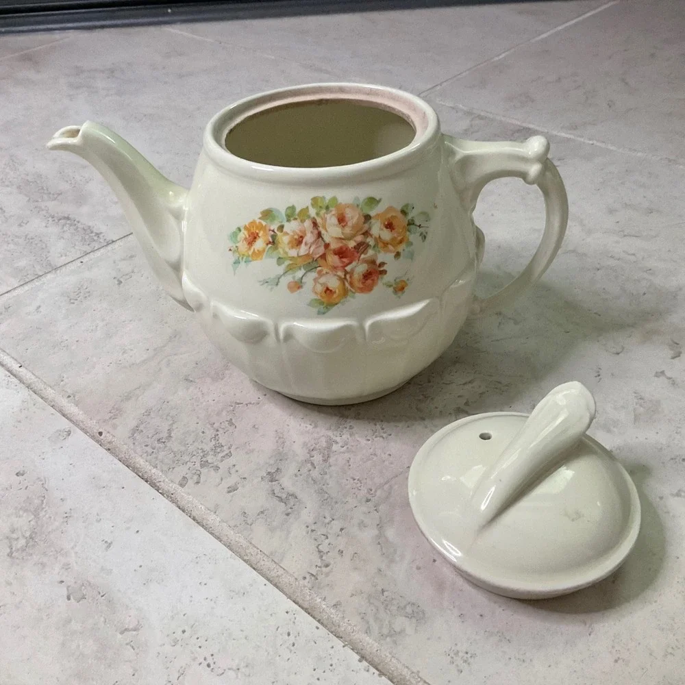 Vintage Enterprise Aluminum Co Drip-O-lator Ceramic Teapot Rose Floral Cream